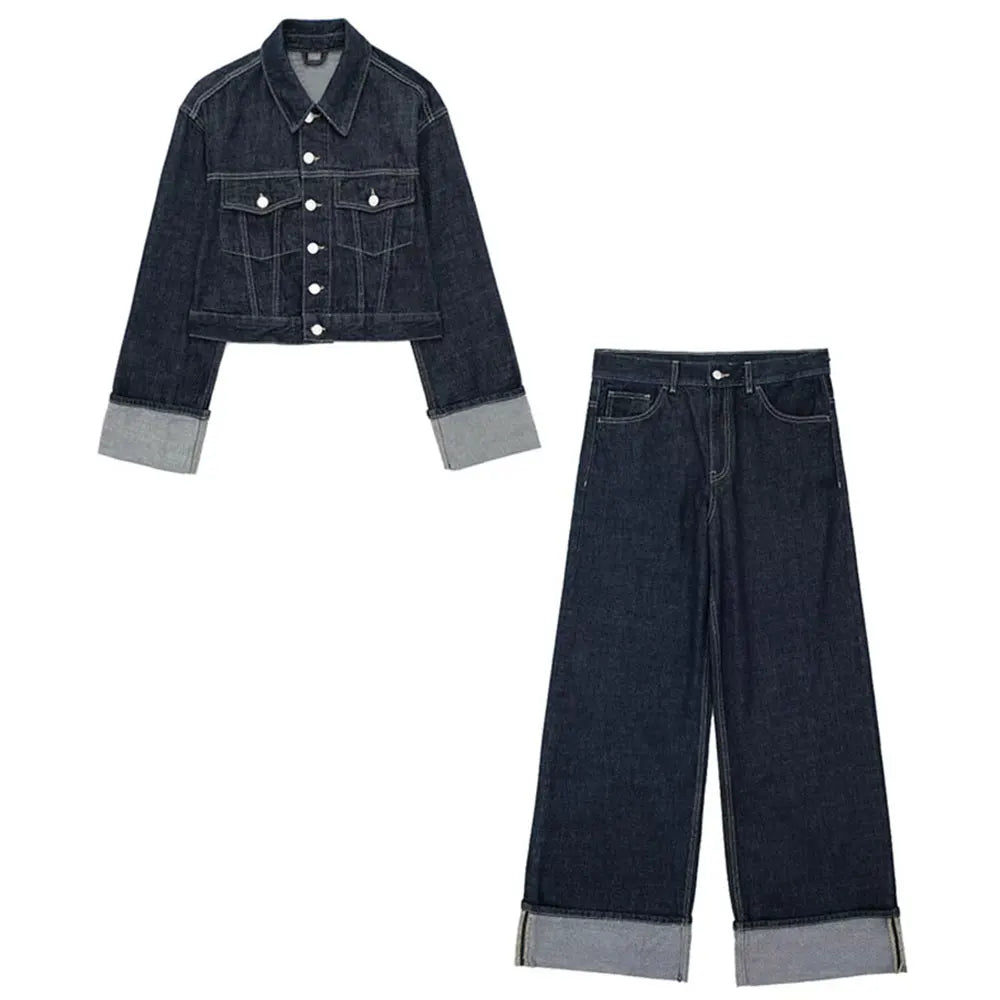 Women’s Denim Jacket & Wide-Leg Jeans Set – High Street Style