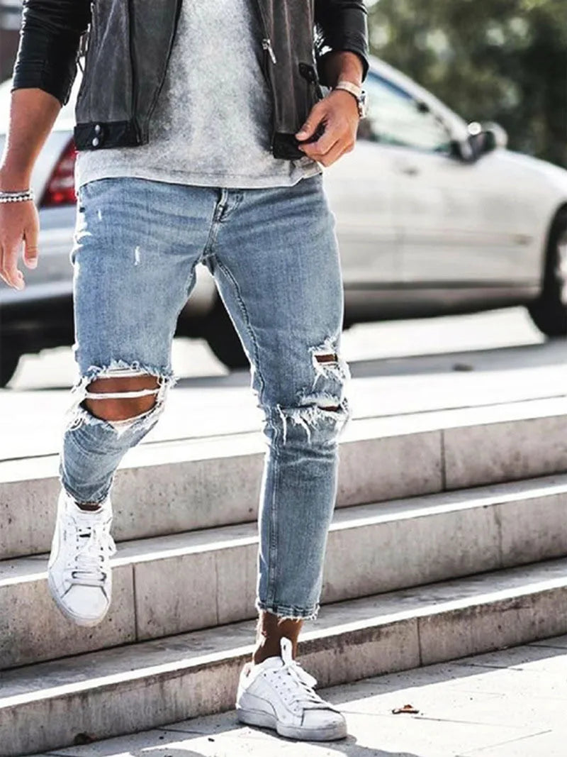 Menβs Distressed Slim Denim Pants β Elastic Waist Casual Jeans