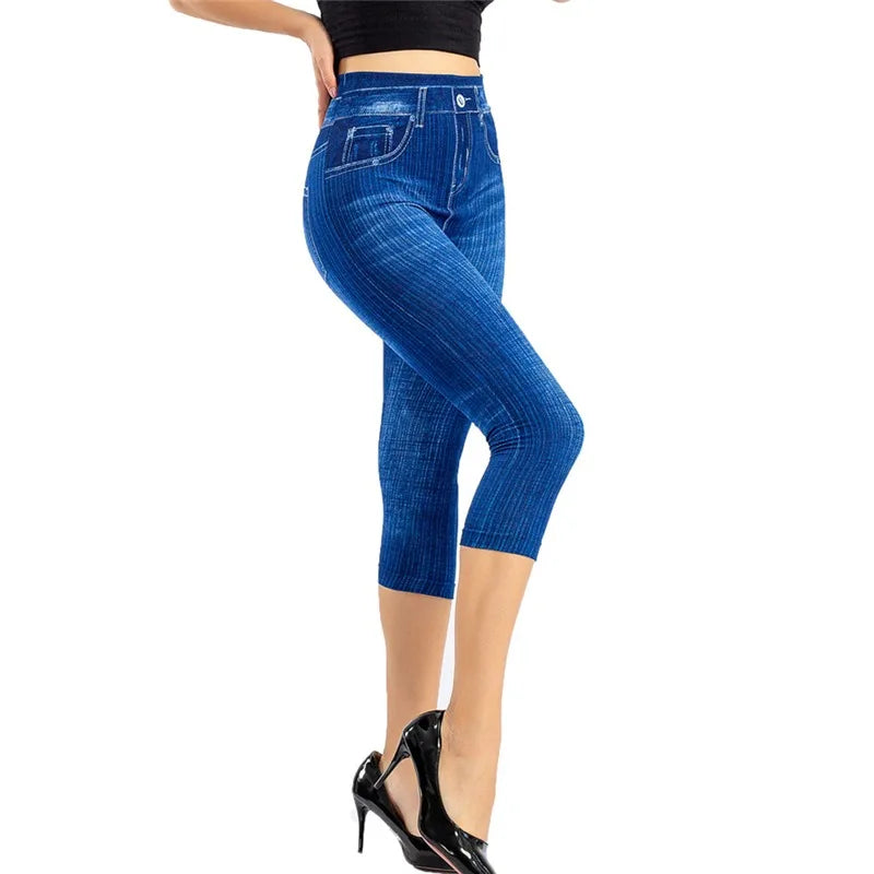 Women’s Denim-Print Slim Leggings – Faux Jeans Stretch Pants