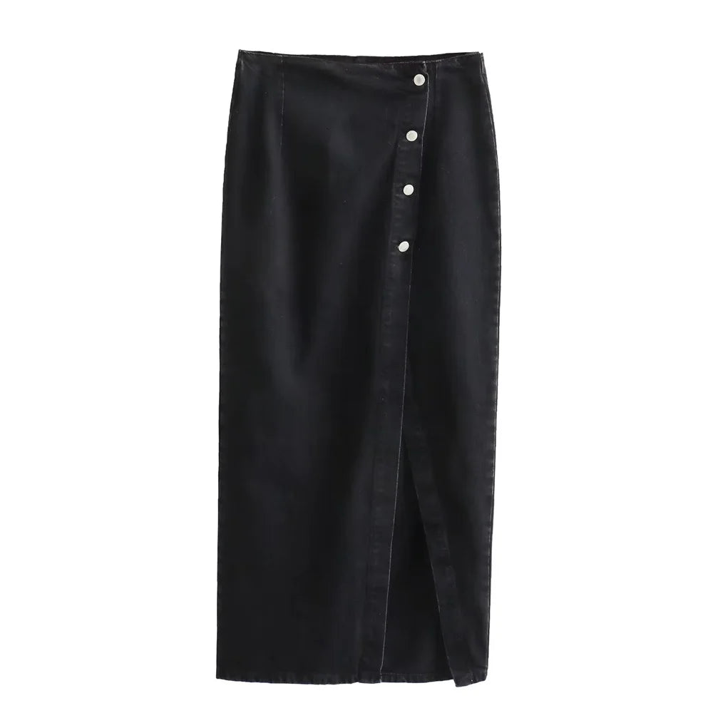 Women’s Button-Front Denim Midi Skirt with Side Slit