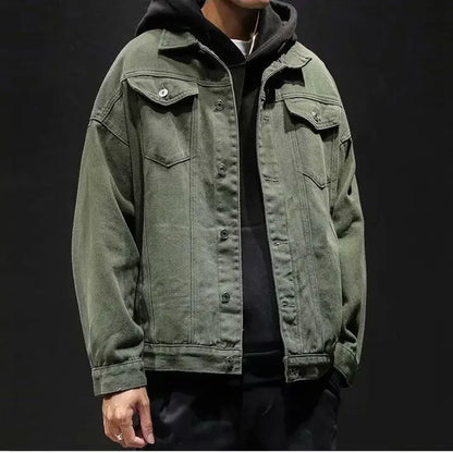 Men’s Black Denim Jacket – Cargo Style, Loose Fit Y2K Outerwear