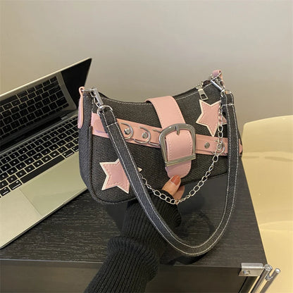 Women’s Denim Shoulder Bag – Star Pattern Hobo Tote