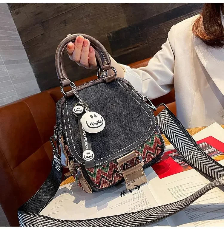 Women’s Denim Embroidered Backpack – Retro Ethnic Crossbody Bag