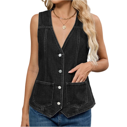 Women’s Denim Vest – Slim-Fit Cropped Sleeveless Top