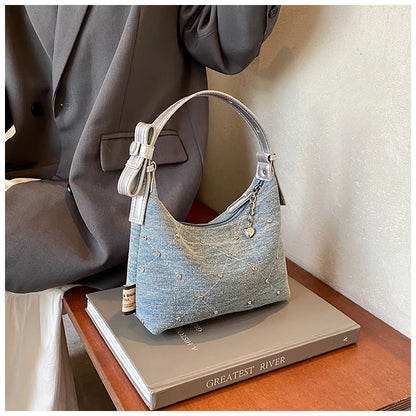 Women’s Denim Armpit Bag – 2025 Trendy Beaded Shoulder & Crossbody Tote