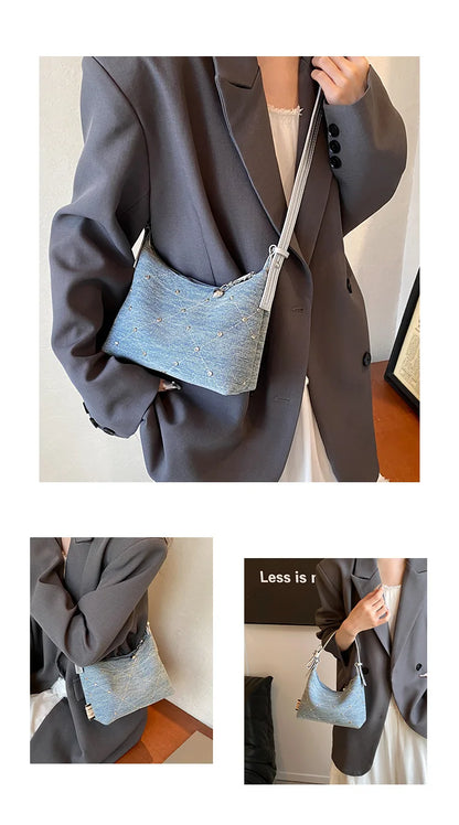 Women’s Denim Armpit Bag – 2025 Trendy Beaded Shoulder & Crossbody Tote