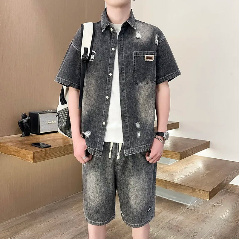 Short Sleeve Denim T-Shirt & Shorts Set