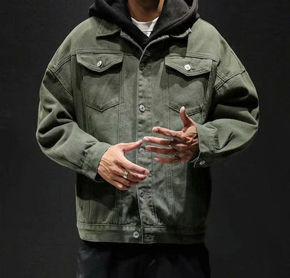 Men’s Black Denim Jacket – Cargo Style, Loose Fit Y2K Outerwear