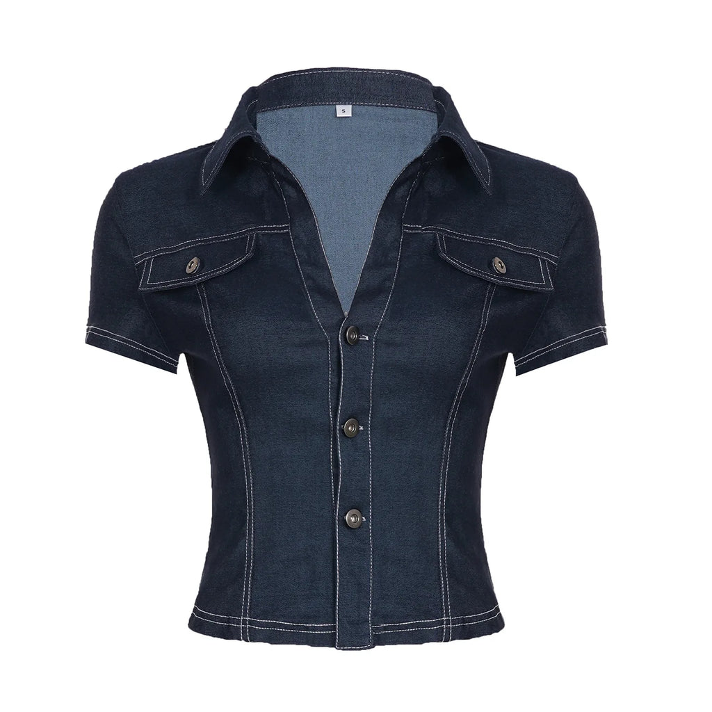 Retro Lapel Denim Top