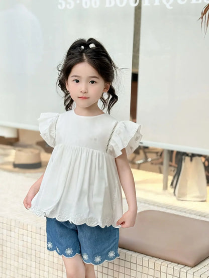 Kids French Style Floral Denim Dress – Summer Cotton Outfit