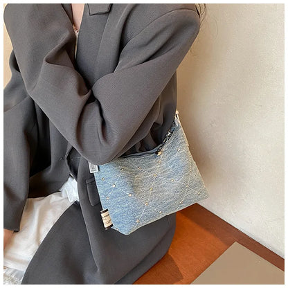 Women’s Denim Armpit Bag – 2025 Trendy Beaded Shoulder & Crossbody Tote