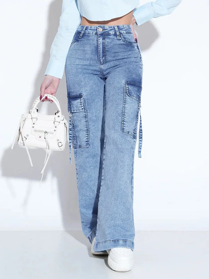 Women’s Utility Denim Cargo Jeans – Multi-Pocket Work Pants
