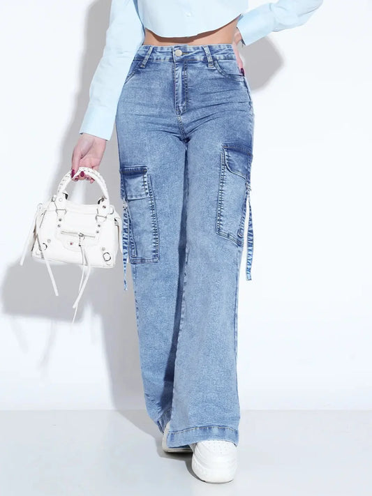 Women’s Utility Denim Cargo Jeans – Multi-Pocket Work Pants