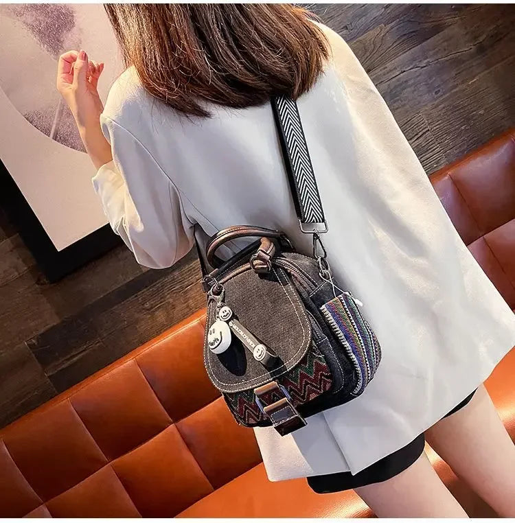 Women’s Denim Embroidered Backpack – Retro Ethnic Crossbody Bag