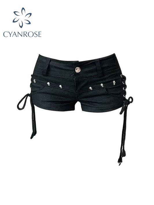 Women’s Gothic Black Denim Shorts – Low Waist Y2k Harajuku Style