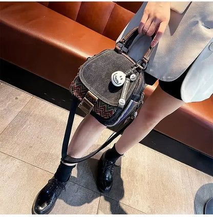 Women’s Denim Embroidered Backpack – Retro Ethnic Crossbody Bag