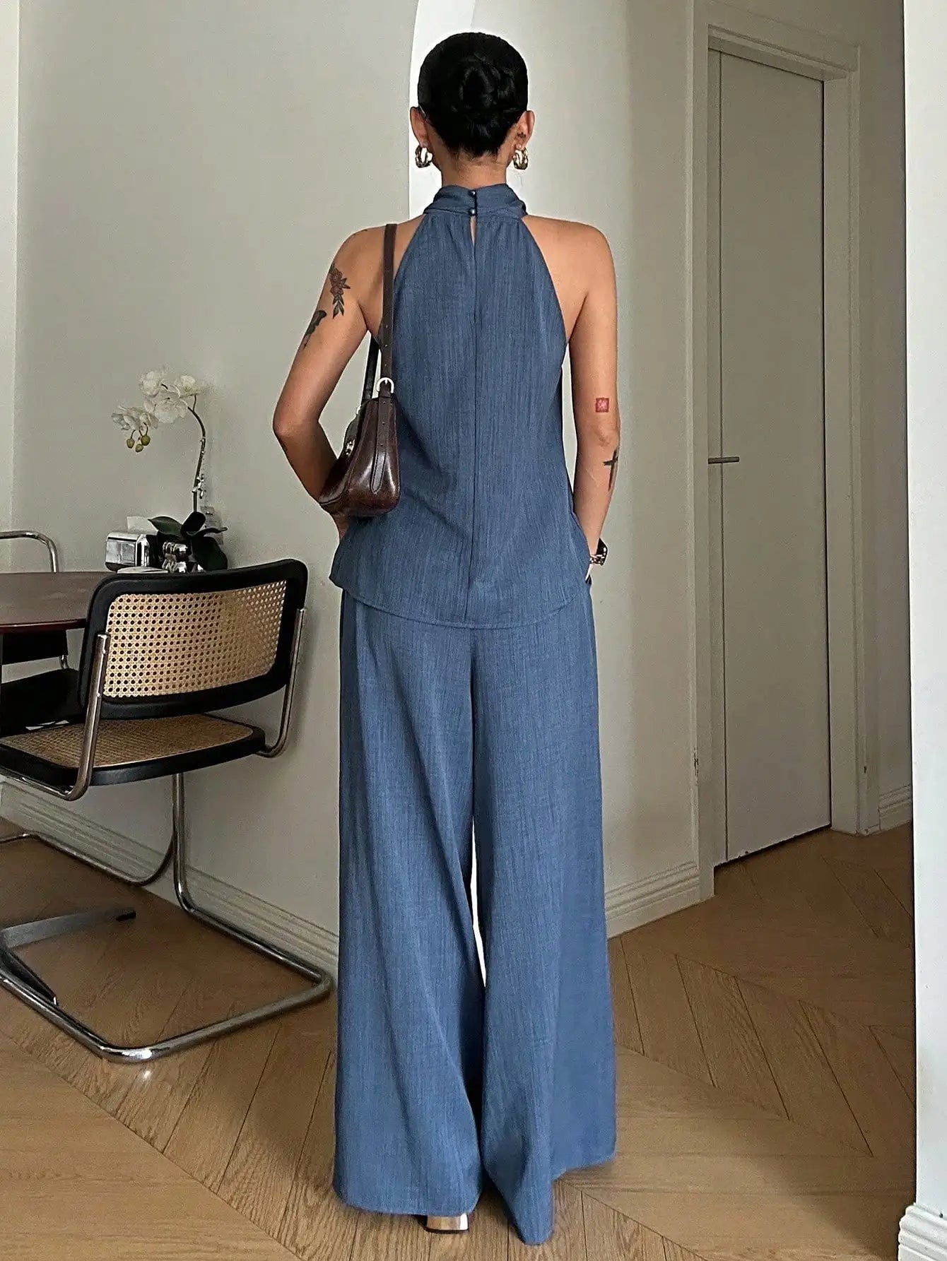 Halter Denim Top & Wide Leg Pants Set