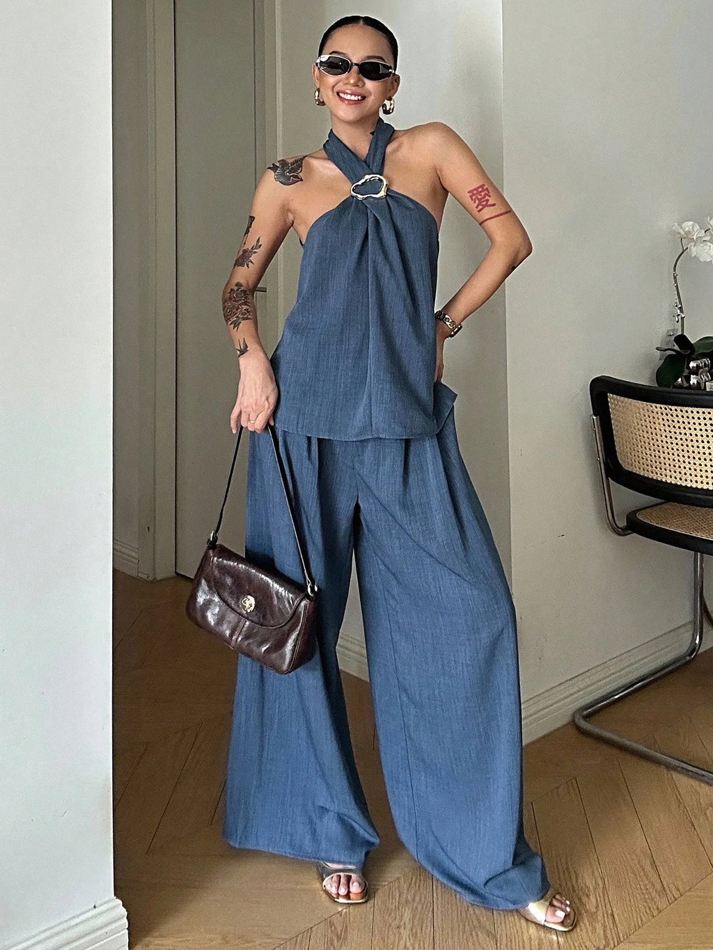 Halter Denim Top & Wide Leg Pants Set