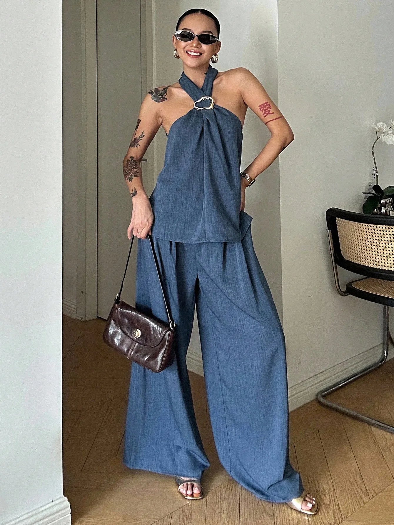 Halter Denim Top & Wide Leg Pants Set