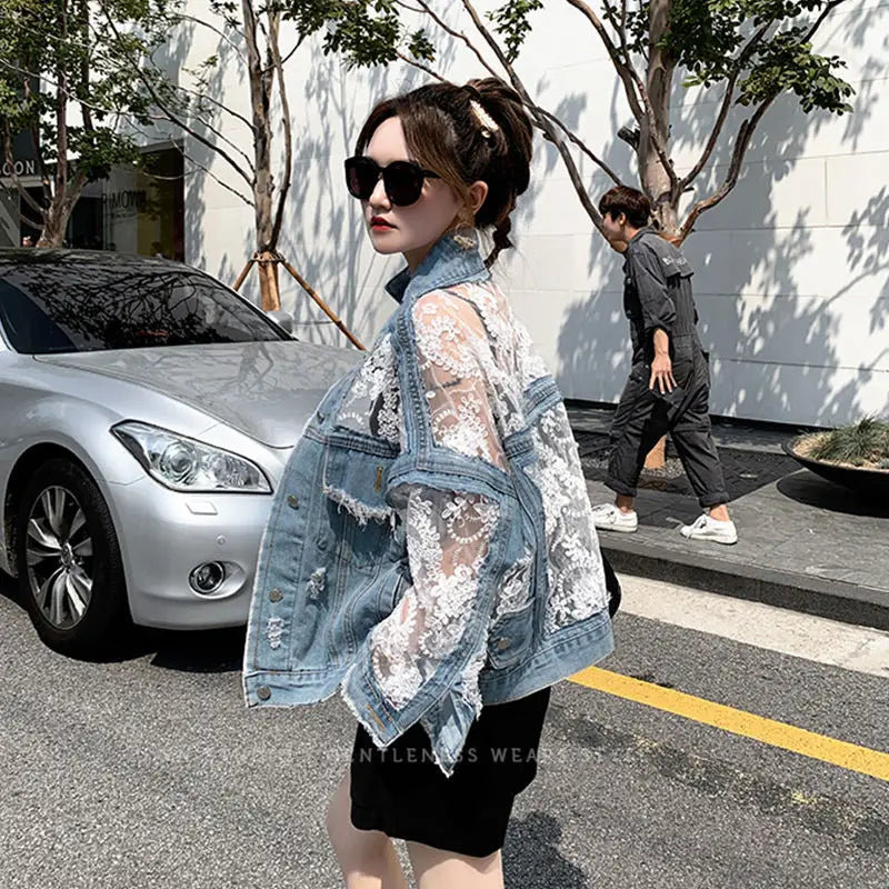 Embroidered Mesh Denim Jacket