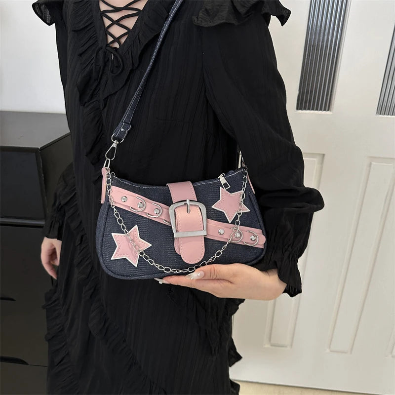 Women’s Denim Shoulder Bag – Star Pattern Hobo Tote