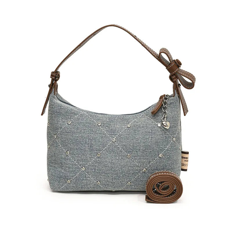 Women’s Denim Armpit Bag – 2025 Trendy Beaded Shoulder & Crossbody Tote