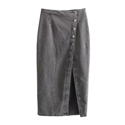 Women’s Button-Front Denim Midi Skirt with Side Slit