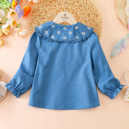 Toddler Girls Ruffled Denim Shirt – Embroidered Long Sleeve Top