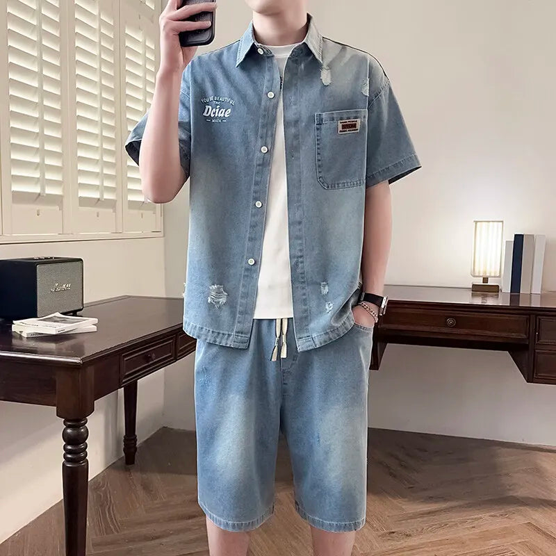 Short Sleeve Denim T-Shirt & Shorts Set