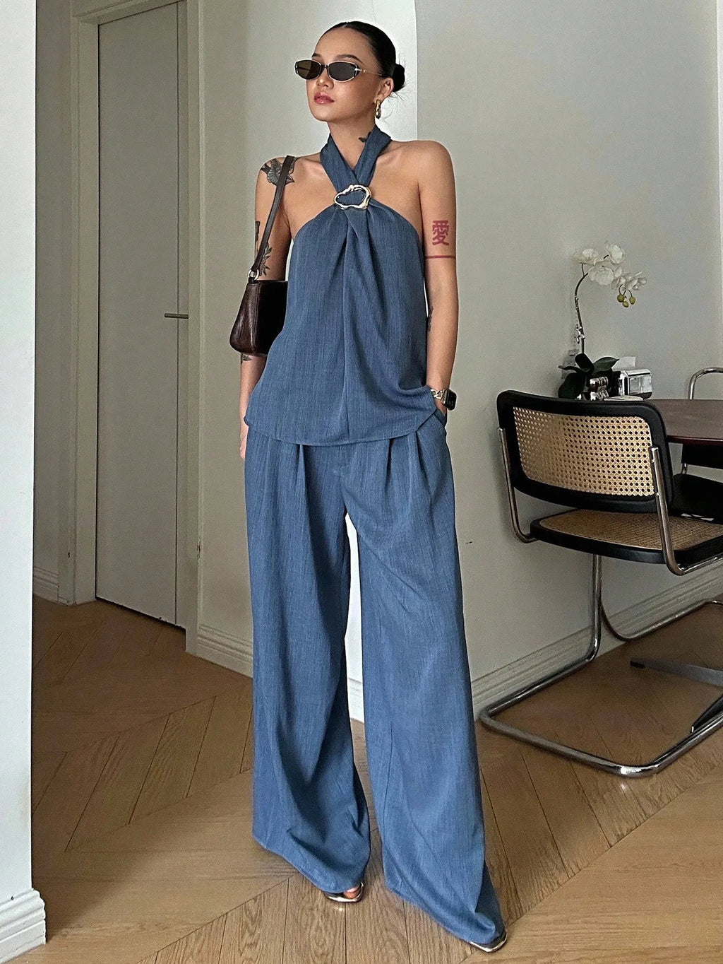 Halter Denim Top & Wide Leg Pants Set