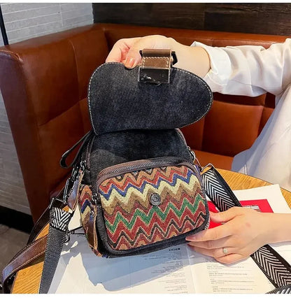 Women’s Denim Embroidered Backpack – Retro Ethnic Crossbody Bag