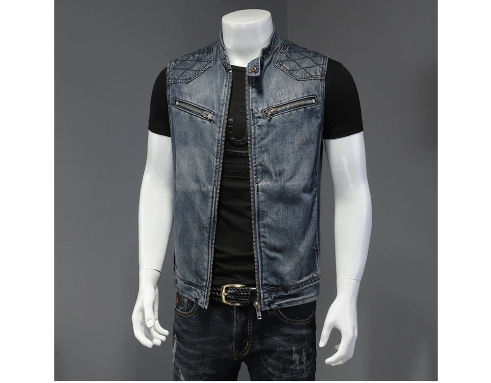 Men’s Denim Vest – Vintage Ripped Punk Jean Waistcoat