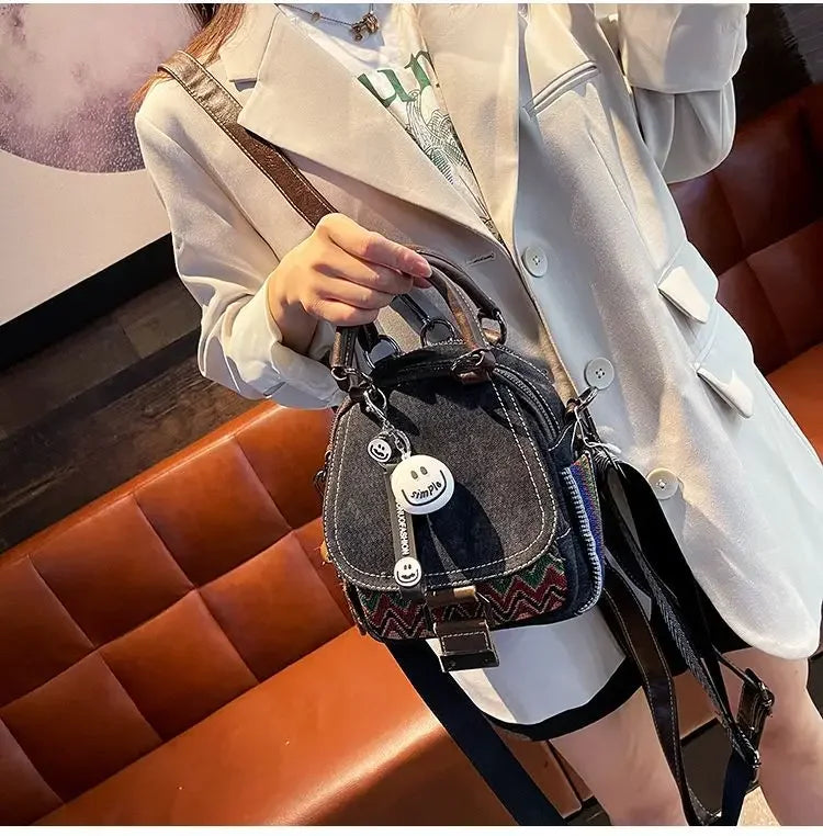 Women’s Denim Embroidered Backpack – Retro Ethnic Crossbody Bag