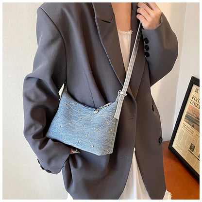 Women’s Denim Armpit Bag – 2025 Trendy Beaded Shoulder & Crossbody Tote