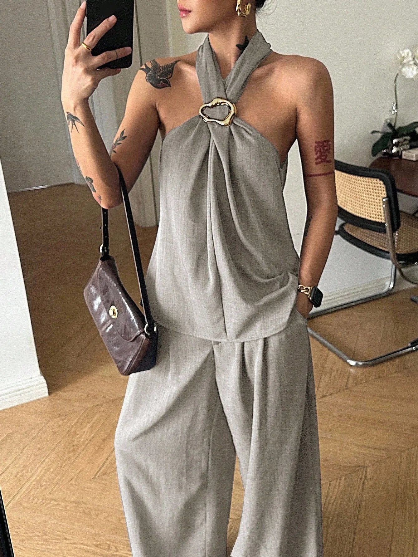 Halter Denim Top & Wide Leg Pants Set