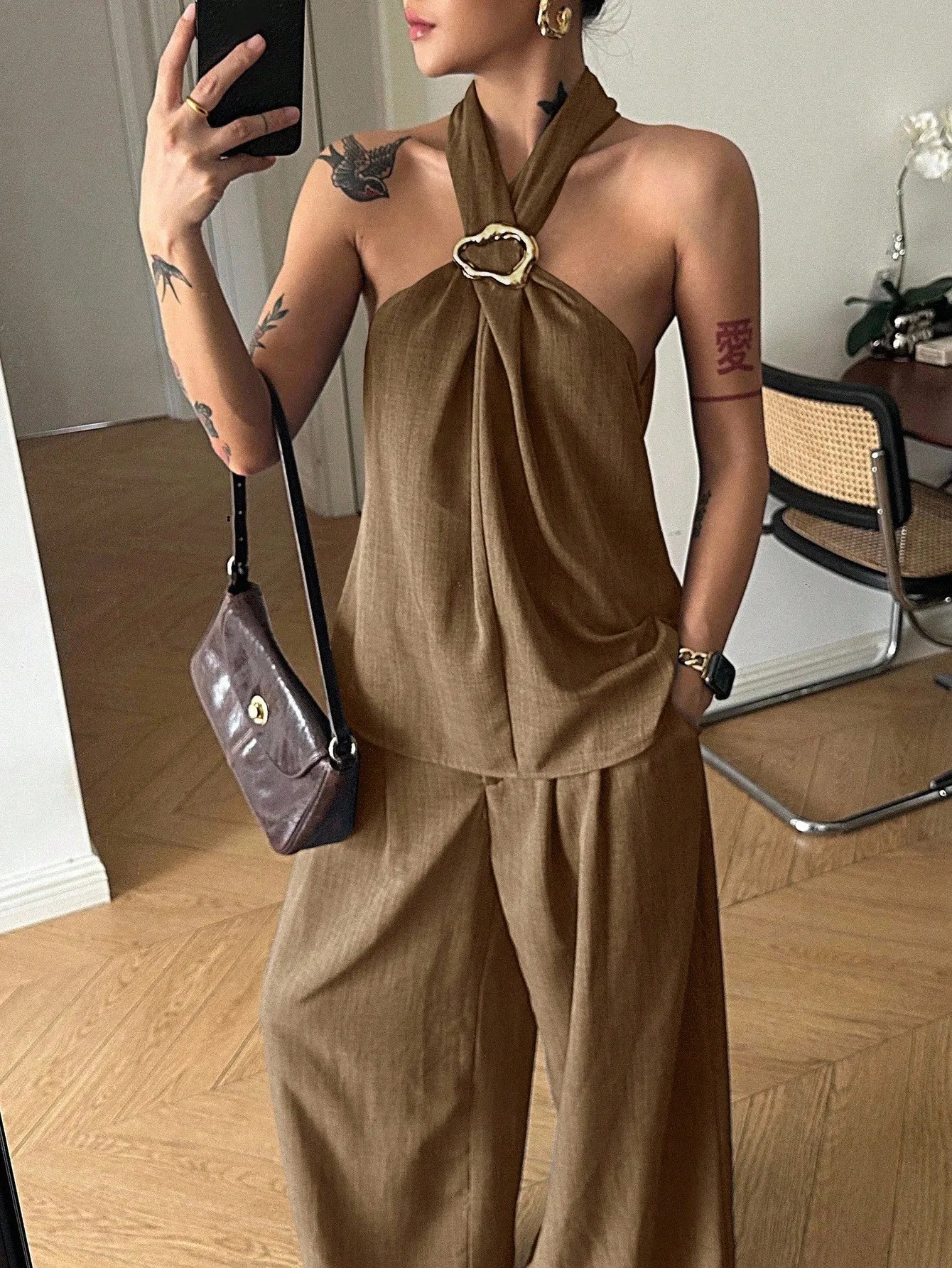 Halter Denim Top & Wide Leg Pants Set