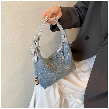 Women’s Denim Armpit Bag – 2025 Trendy Beaded Shoulder & Crossbody Tote