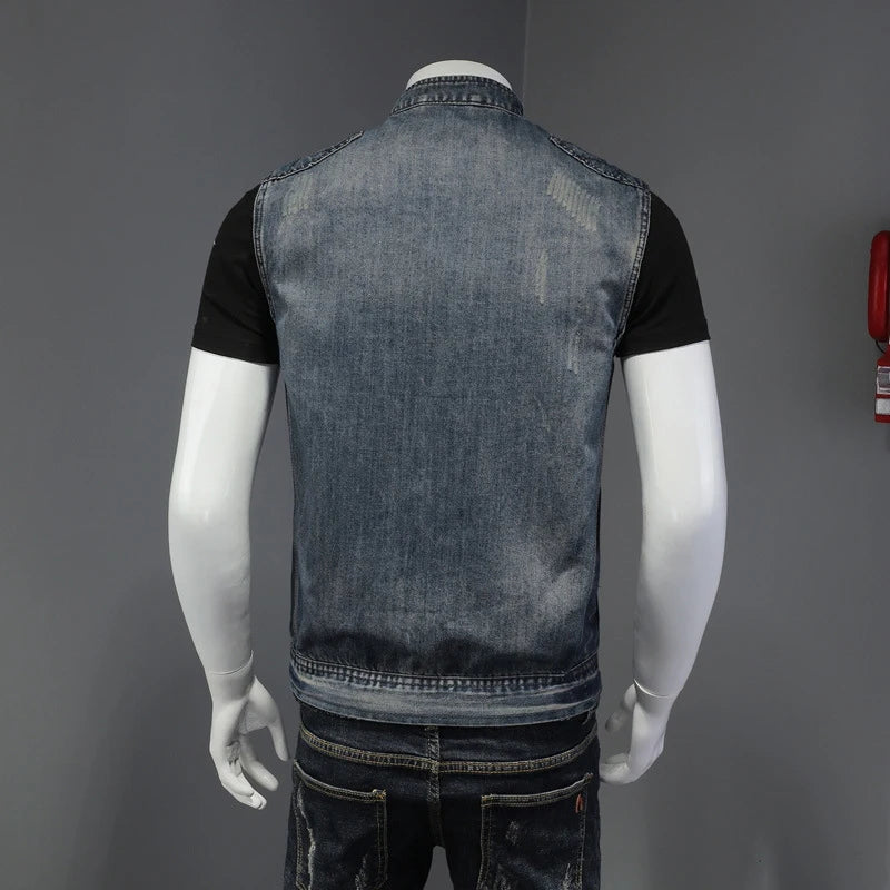 Men’s Denim Vest – Vintage Ripped Punk Jean Waistcoat