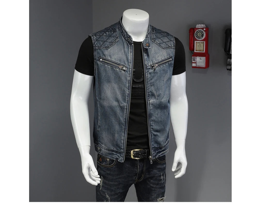 Men’s Denim Vest – Vintage Ripped Punk Jean Waistcoat