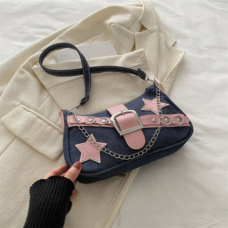Women’s Denim Shoulder Bag – Star Pattern Hobo Tote