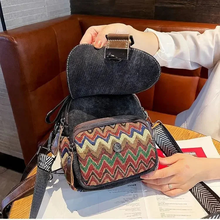 Women’s Denim Embroidered Backpack – Retro Ethnic Crossbody Bag