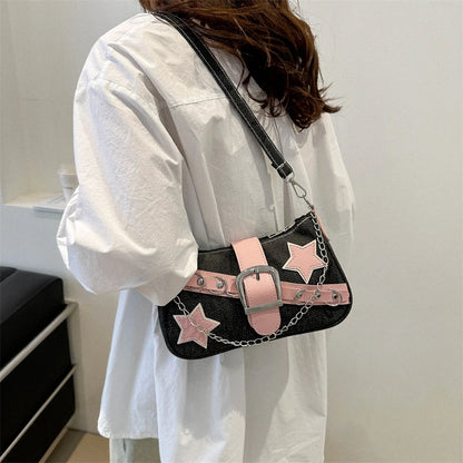 Women’s Denim Shoulder Bag – Star Pattern Hobo Tote