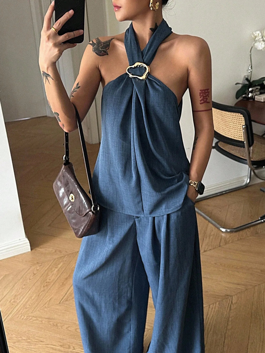Halter Denim Top & Wide Leg Pants Set