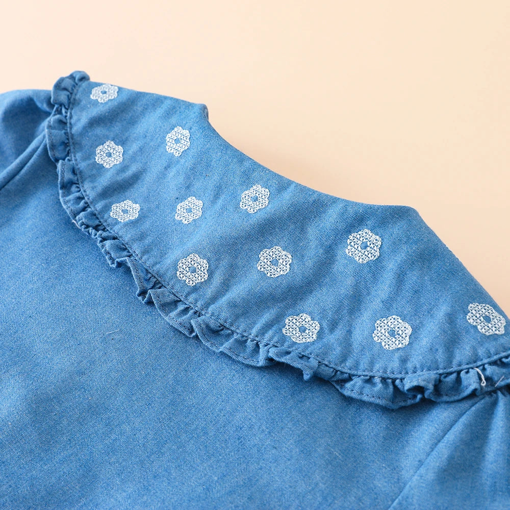 Toddler Girls Ruffled Denim Shirt – Embroidered Long Sleeve Top