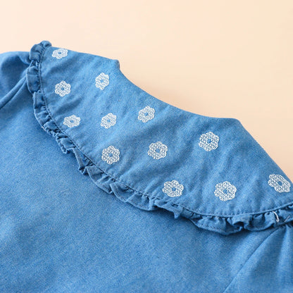 Toddler Girls Ruffled Denim Shirt – Embroidered Long Sleeve Top