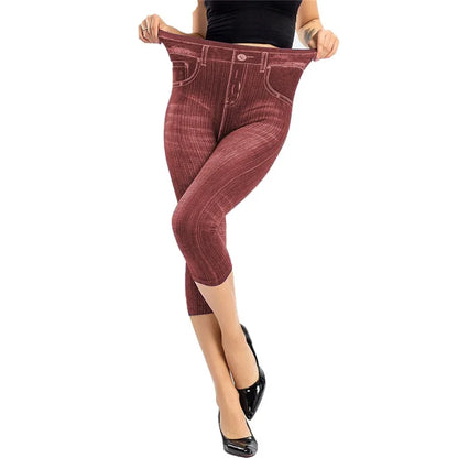 Women’s Denim-Print Slim Leggings – Faux Jeans Stretch Pants