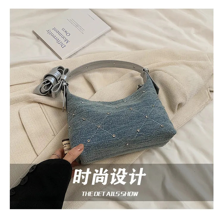 Women’s Denim Armpit Bag – 2025 Trendy Beaded Shoulder & Crossbody Tote