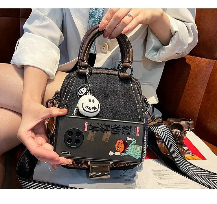 Women’s Denim Embroidered Backpack – Retro Ethnic Crossbody Bag
