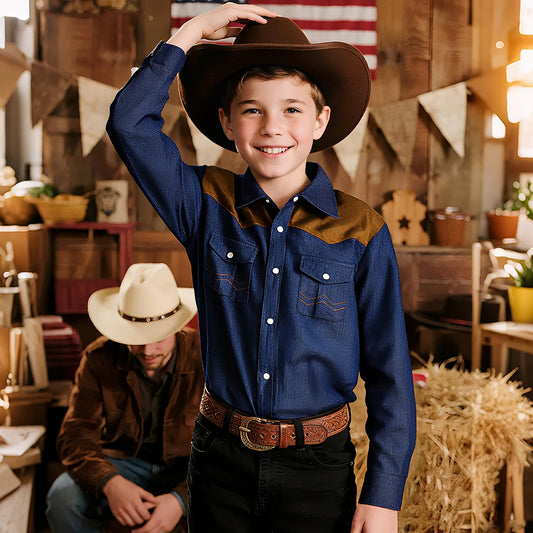 Boys Vintage Denim Cowboy Shirt – Pearl Snap Western Top