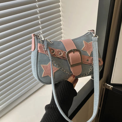 Women’s Denim Shoulder Bag – Star Pattern Hobo Tote